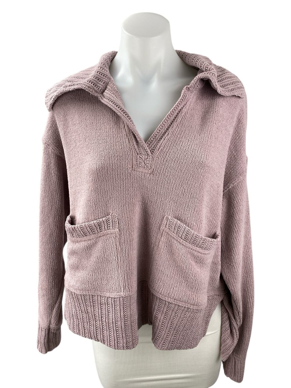 Free People Grace Pink Mauve Collared Pockets Long Sleeve Knit Sweater Top Sz XS
